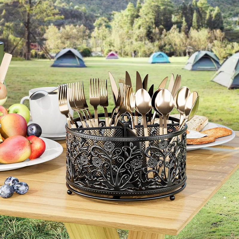 YIUKEA 360° Rotating Utensil Caddy - Silverware Cutlery Caddy Holder with 4 Compartment, Metal Flatware Organizer Countertop with Handle for Party Camping Picnic, Kitchen Counter, Office (Black) - Image 4